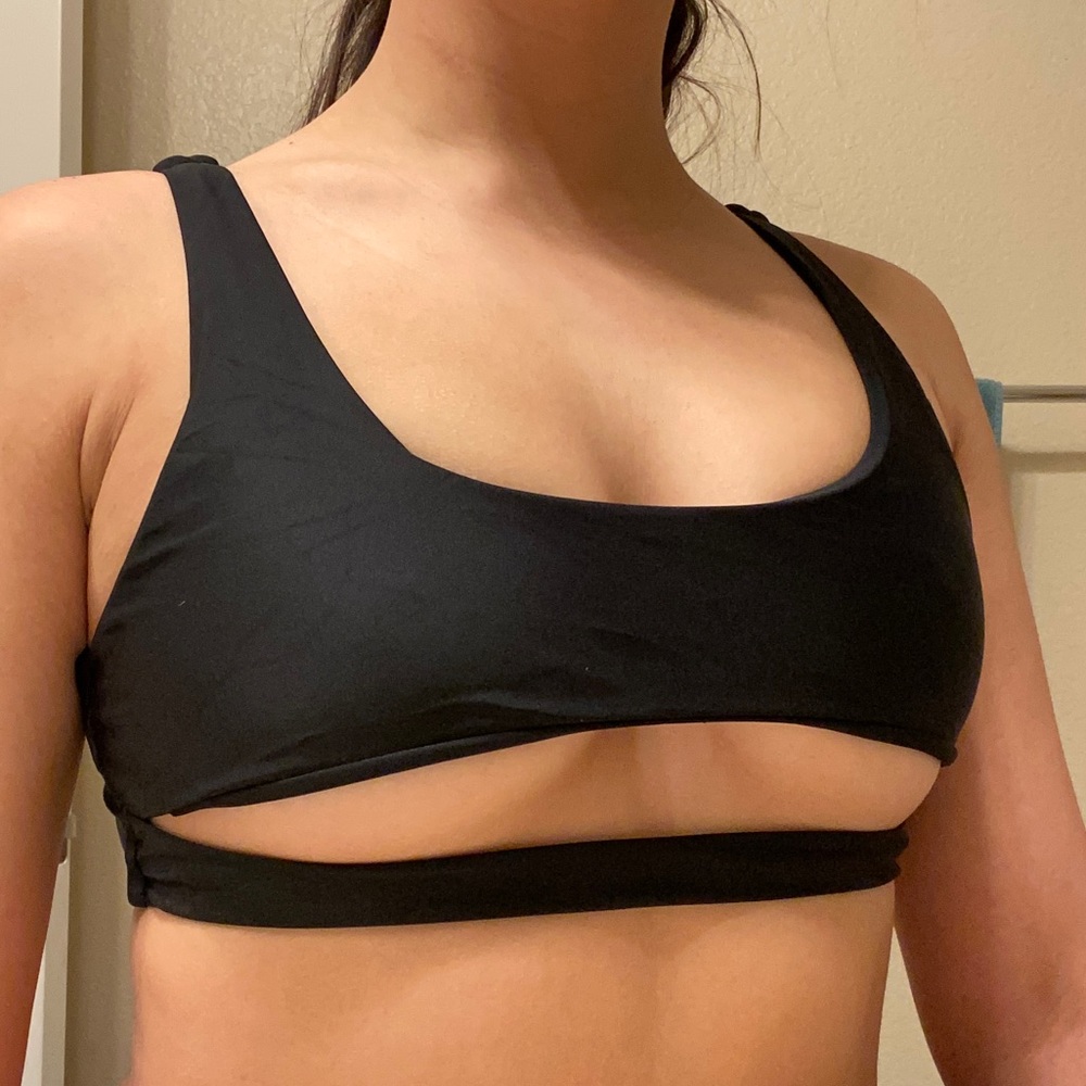 black cutout bikini and high hip bottoms